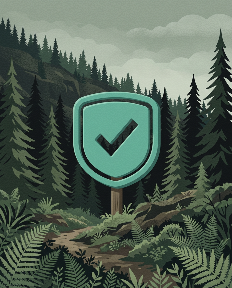 Illustration générée : un panneau vert marqué d’une coche, planté dans une forêt de sapins.